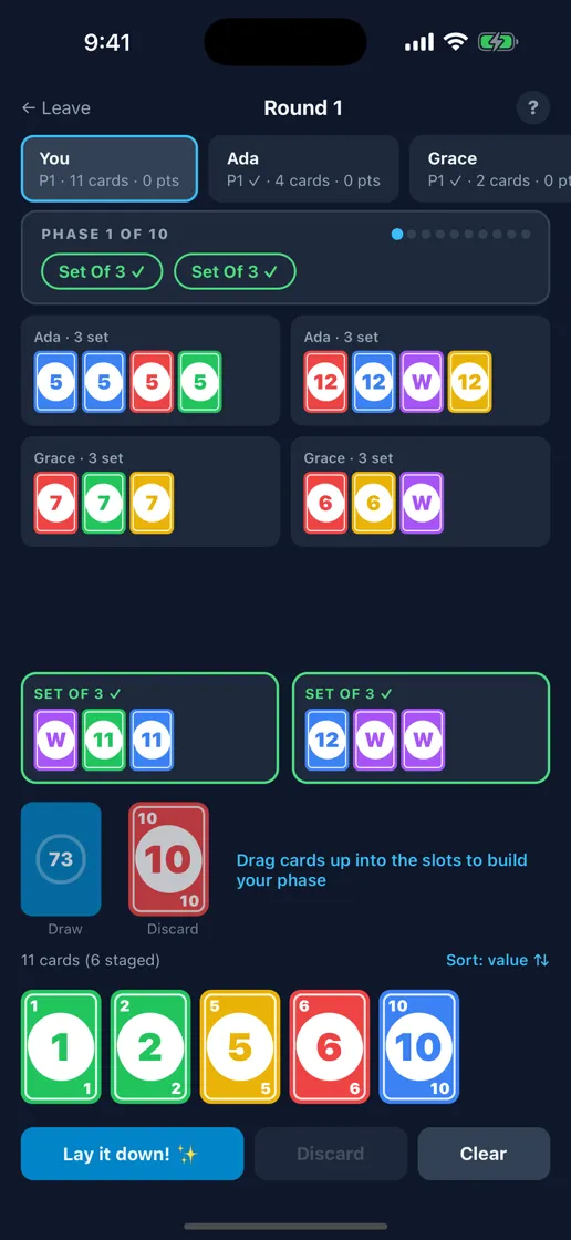 A game in progress, showing the current phase, groups on the table, and a hand of cards.