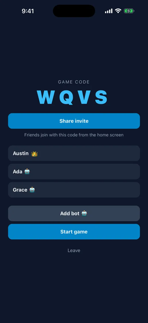 A game lobby showing a four-letter room code to share with friends.